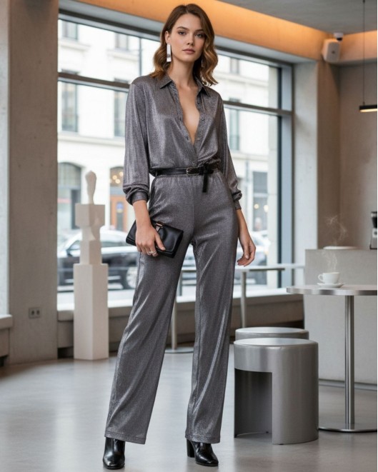 Παντελόνι σε ύφασμα πλισσέ με ελαστικότητα