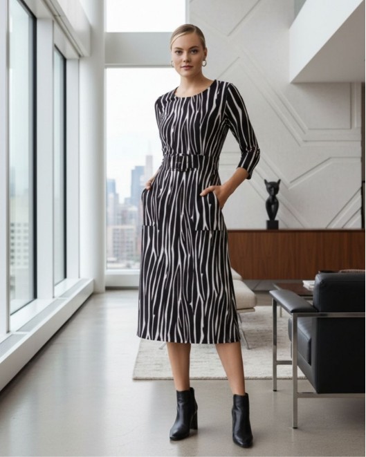 Φόρεμα εμπριμέ κρεπ Benedicte με ζώνη