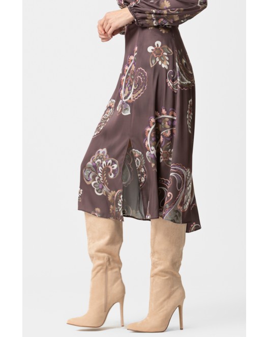 Printed satin skirt with cut Angelica