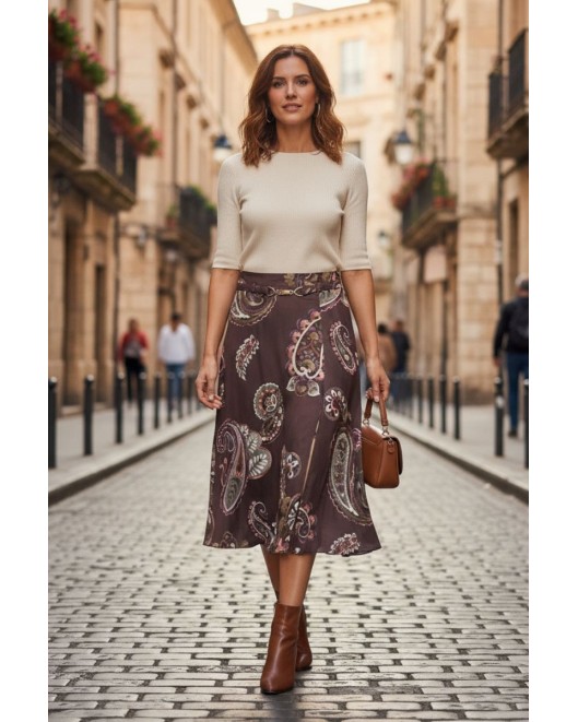 Printed satin skirt with cut Angelica