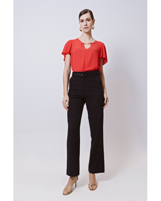 Παντελόνι κρεπ ελαστικό Muffin με ζώνη ντυμένη ΙΣΙΑ ΓΡΑΜΜΗ