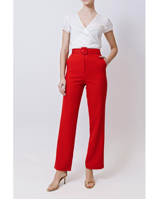 Παντελόνι κρεπ ελαστικό Muffin με ζώνη ντυμένη ΙΣΙΑ ΓΡΑΜΜΗ