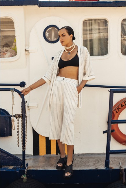 Black and white linen stripe trousers