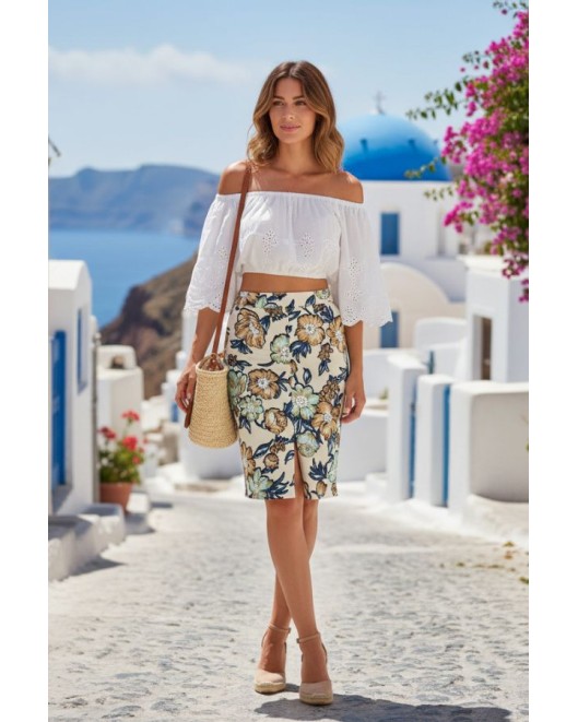 Φούστα εμπριμέ καμπαρντίνα Floral