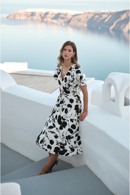 Printed white & black viscose dress Roni