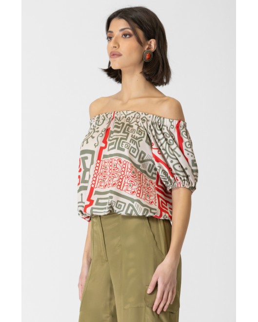 Printed satin blouse waistband Mist COMFORTABLE FIT