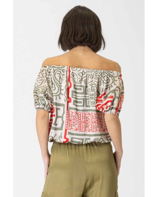 Printed satin blouse waistband Mist COMFORTABLE FIT