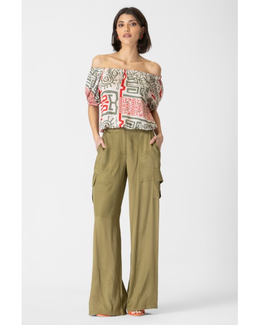 Printed satin blouse waistband Mist COMFORTABLE FIT