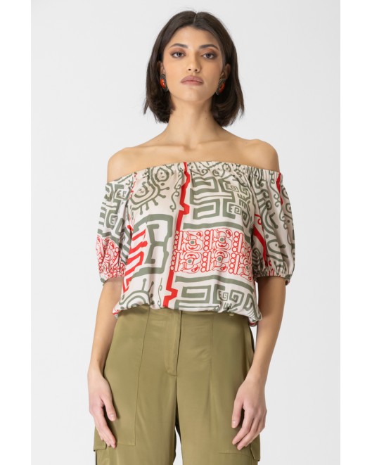 Printed satin blouse waistband Mist COMFORTABLE FIT