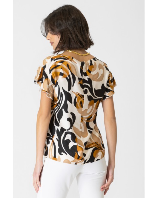 Μπλούζα εμπριμέ βισκόζ σατέν βολάν Foxy ΑΝΕΤΗ ΓΡΑΜΜΗ