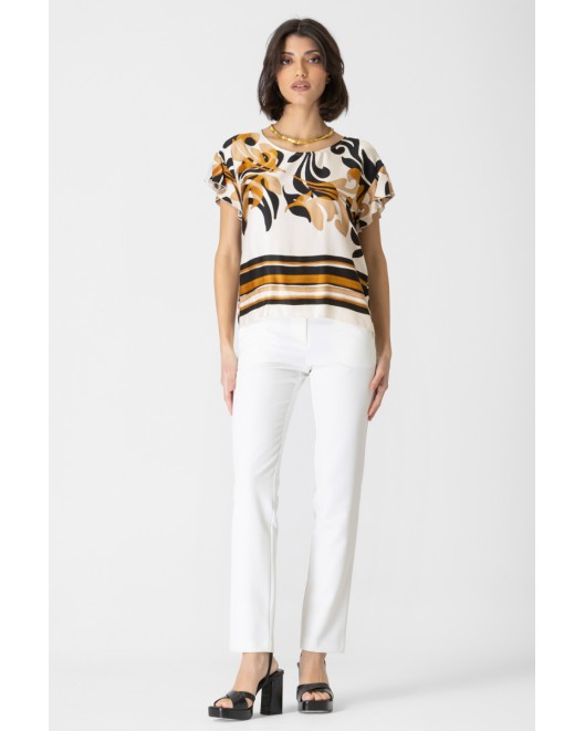 Μπλούζα εμπριμέ βισκόζ σατέν βολάν Foxy ΑΝΕΤΗ ΓΡΑΜΜΗ