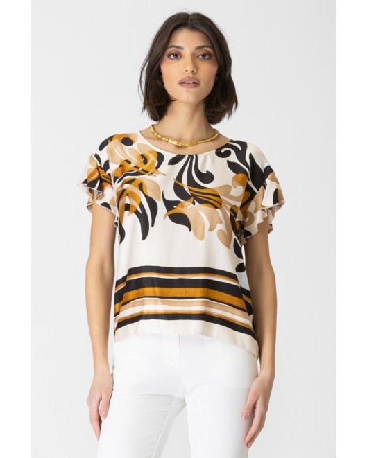 Μπλούζα εμπριμέ βισκόζ σατέν βολάν Foxy ΑΝΕΤΗ ΓΡΑΜΜΗ