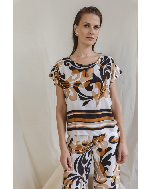 Μπλούζα εμπριμέ βισκόζ σατέν βολάν Foxy ΑΝΕΤΗ ΓΡΑΜΜΗ