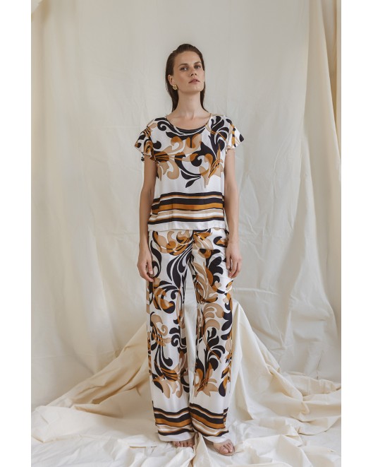 Μπλούζα εμπριμέ βισκόζ σατέν βολάν Foxy ΑΝΕΤΗ ΓΡΑΜΜΗ