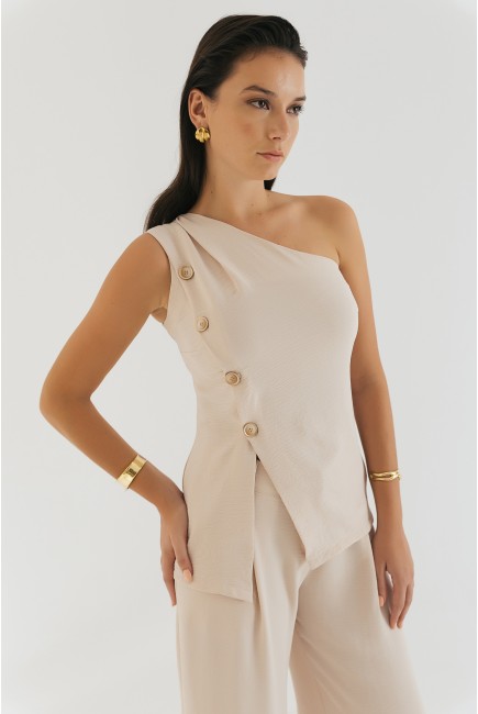 One shoulder crepe blouse with buttons