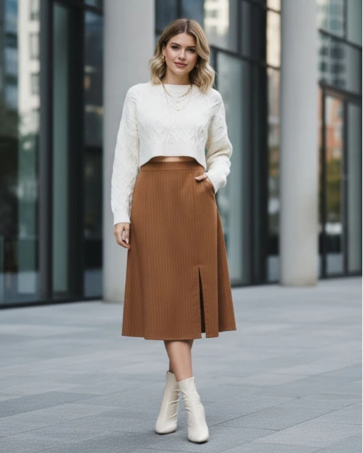 Φούστα ριγέ κάμελ με σχίσιμο